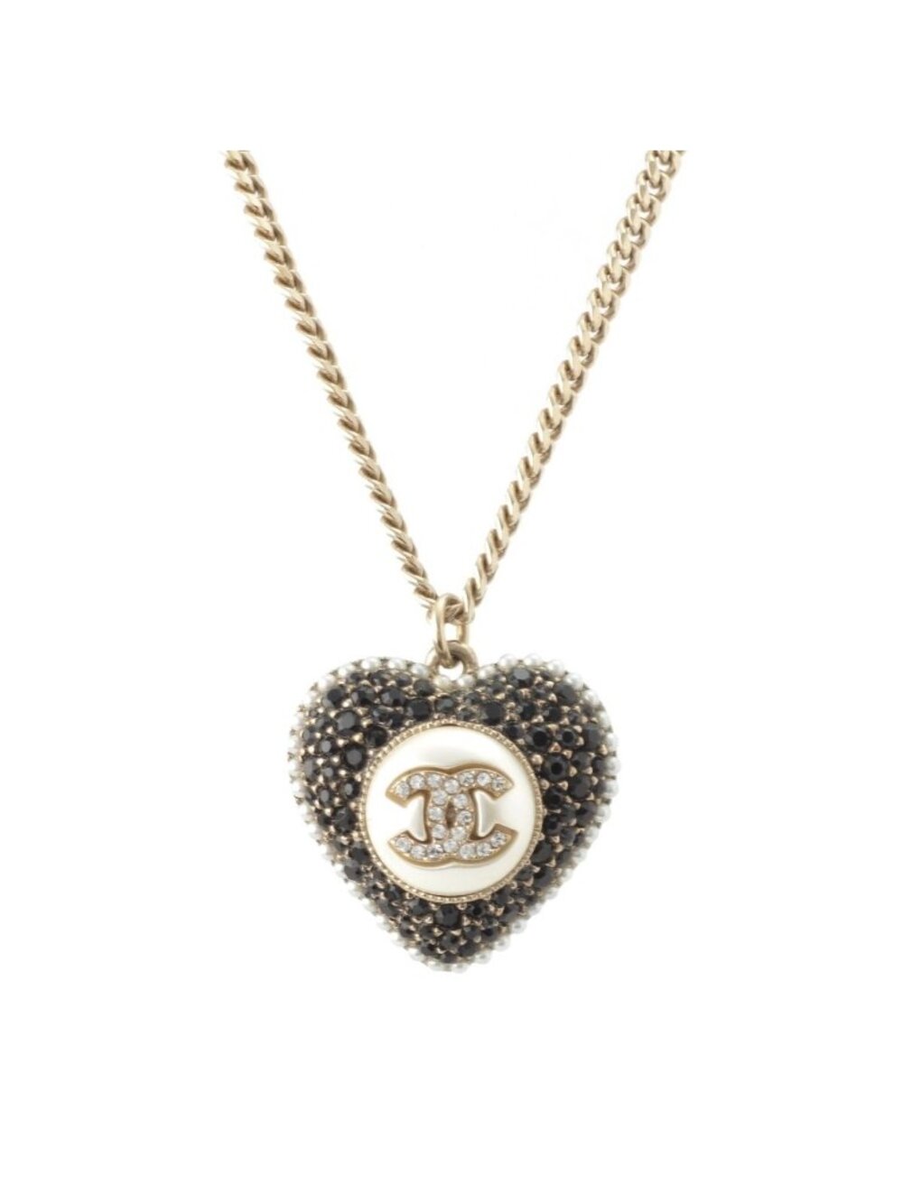 Chanel Metal Rhinestone CC Logo Heart Chain Necklace Black White